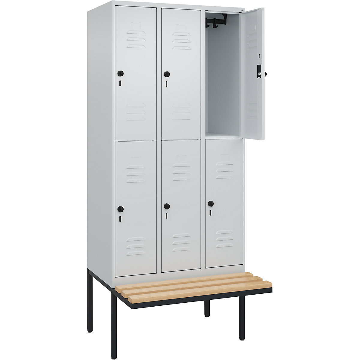 Doppelstock-Spind Classic PLUS Sitzbank C+P, 3 Abteile, lichtgrau, B 900 mm, Sicherheits-Drehriegel, auskragend, Buche-Hartholz-297