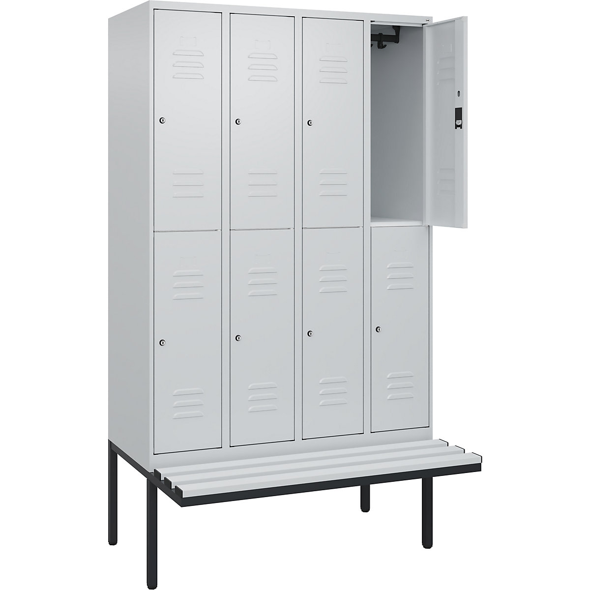 Doppelstock-Spind Classic PLUS Sitzbank C+P, 4 Abteile, lichtgrau, B 1200 mm, Zylinderschloss, auskragend, Kunststoff-92