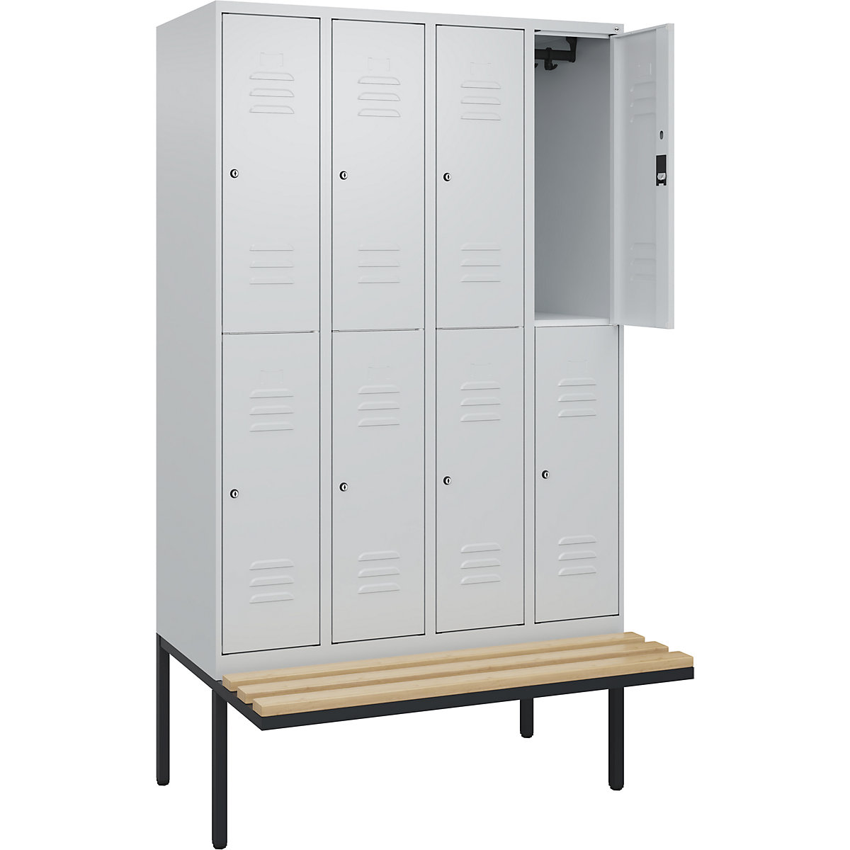 Doppelstock-Spind Classic PLUS Sitzbank C+P, 4 Abteile, lichtgrau, B 1200 mm, Zylinderschloss, auskragend, Buche-Hartholz-197