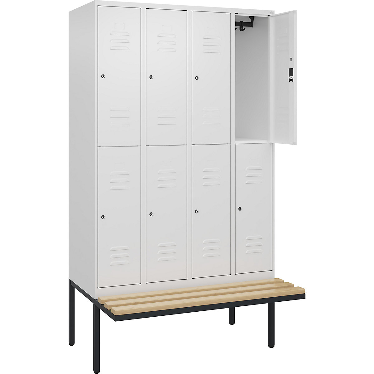 Doppelstock-Spind Classic PLUS Sitzbank C+P, 4 Abteile, verkehrsweiß, B 1200 mm, Zylinderschloss, auskragend, Buche-Hartholz-188