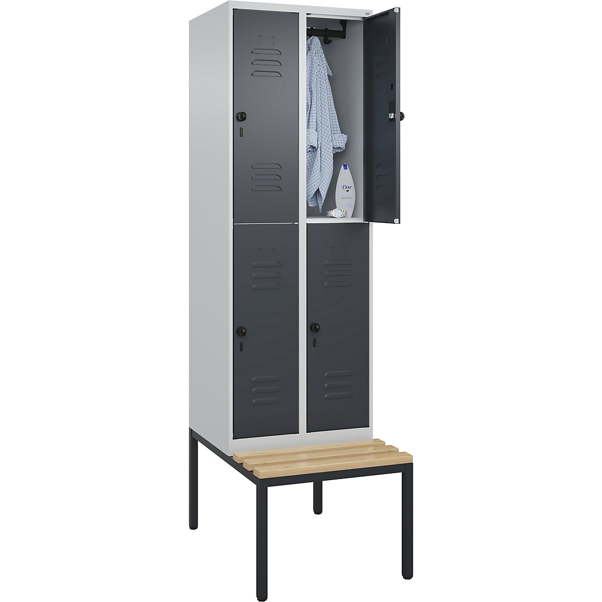 Doppelstock-Spind Classic PLUS Sitzbank C+P, 2 Abteile, lichtgrau / grau, B 600 mm, Sicherheits-Drehriegel, untergebaut, Buche-Hartholz-194