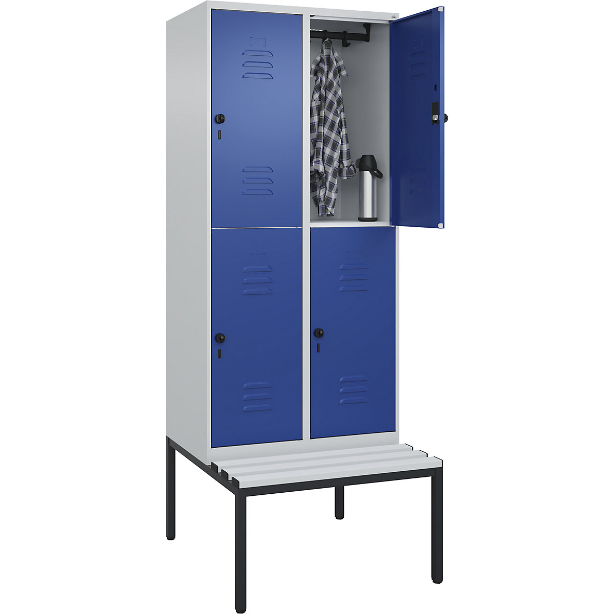 Doppelstock-Spind Classic PLUS Sitzbank C+P, 2 Abteile, lichtgrau / enzianblau, B 800 mm, Sicherheits-Drehriegel, untergebaut, Kunststoff-105