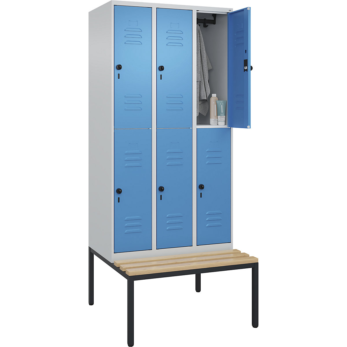 Doppelstock-Spind Classic PLUS Sitzbank C+P, 3 Abteile, lichtgrau / lichtblau, B 900 mm, Sicherheits-Drehriegel, untergebaut, Buche-Hartholz-287