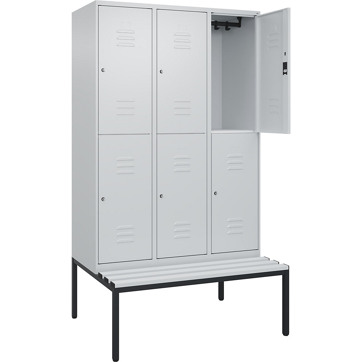 Doppelstock-Spind Classic PLUS Sitzbank C+P, 3 Abteile, lichtgrau, B 1200 mm, Zylinderschloss, untergebaut, Kunststoff-175