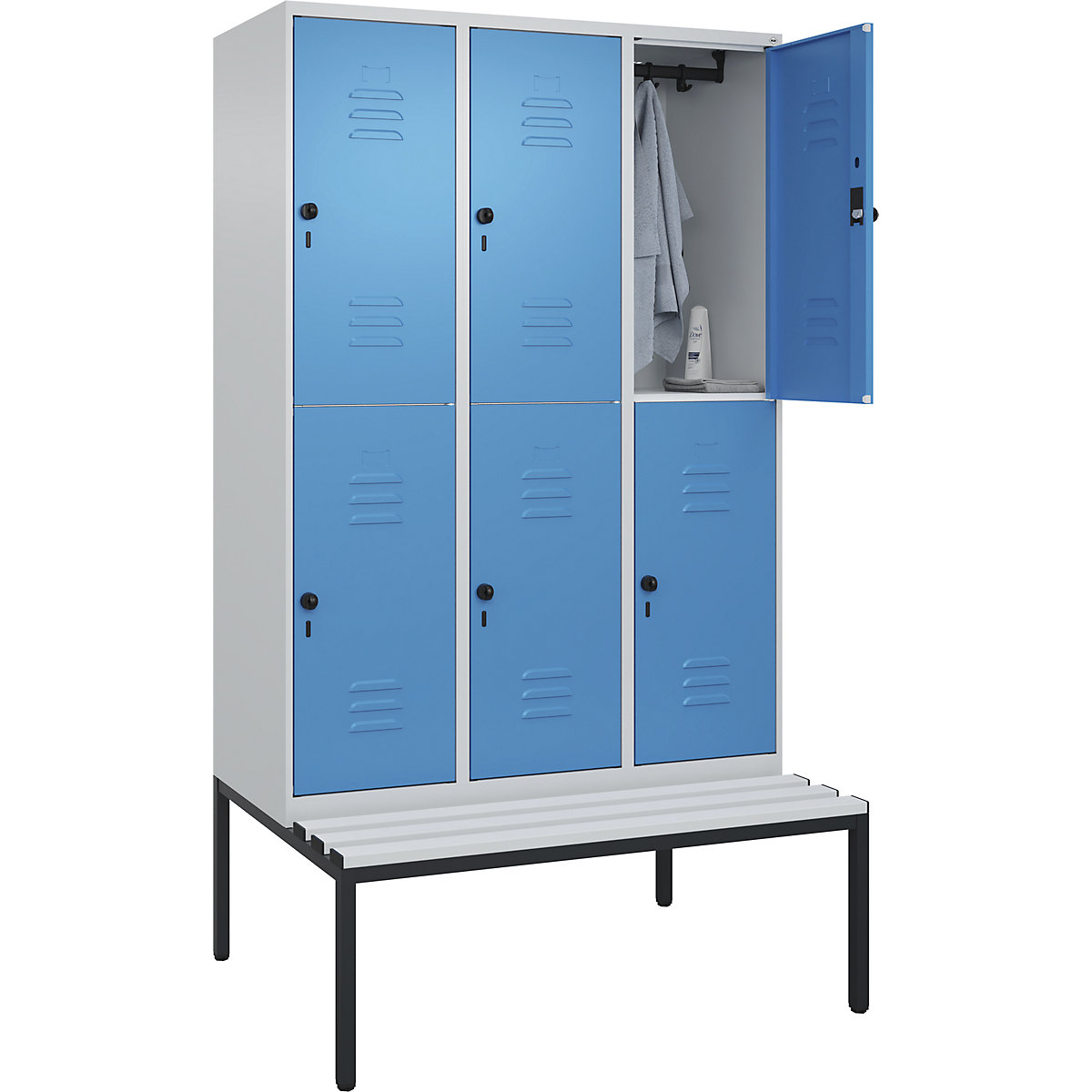 Doppelstock-Spind Classic PLUS Sitzbank C+P, 3 Abteile, lichtgrau / lichtblau, B 1200 mm, Sicherheits-Drehriegel, untergebaut, Kunststoff-149
