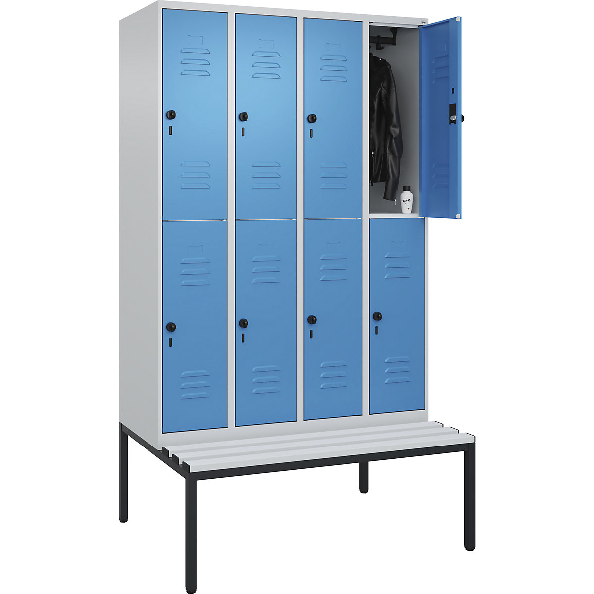 Doppelstock-Spind Classic PLUS Sitzbank C+P, 4 Abteile, lichtgrau / lichtblau, B 1200 mm, Sicherheits-Drehriegel, untergebaut, Kunststoff-173