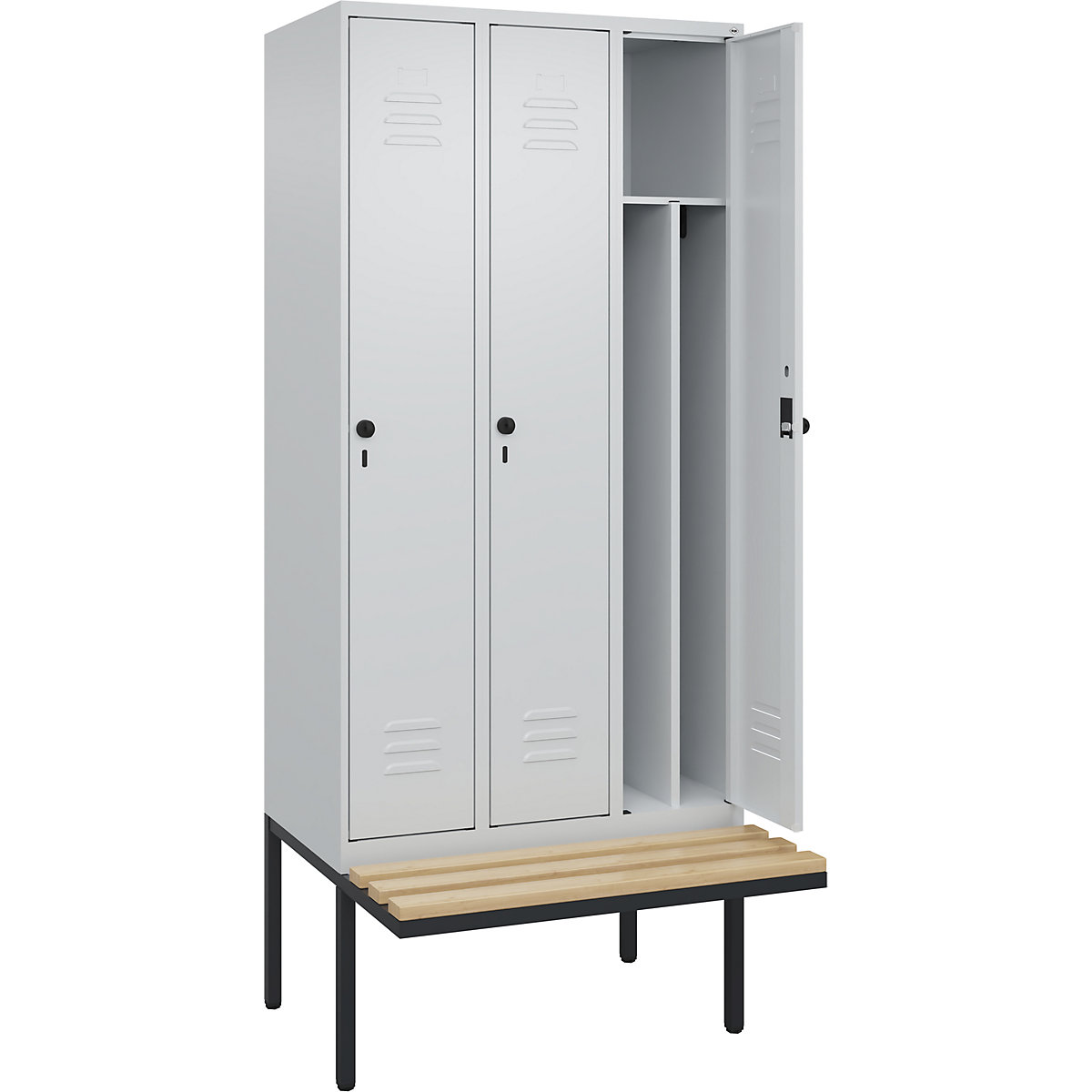 Schwarz-Weiß-Spind Classic PLUS Sitzbank, schmal C+P, 3 Abteile, Trennwand verkürzt, lichtgrau, B 900 mm, Sicherheits-Drehriegel, auskragend, Buche-Hartholz-103