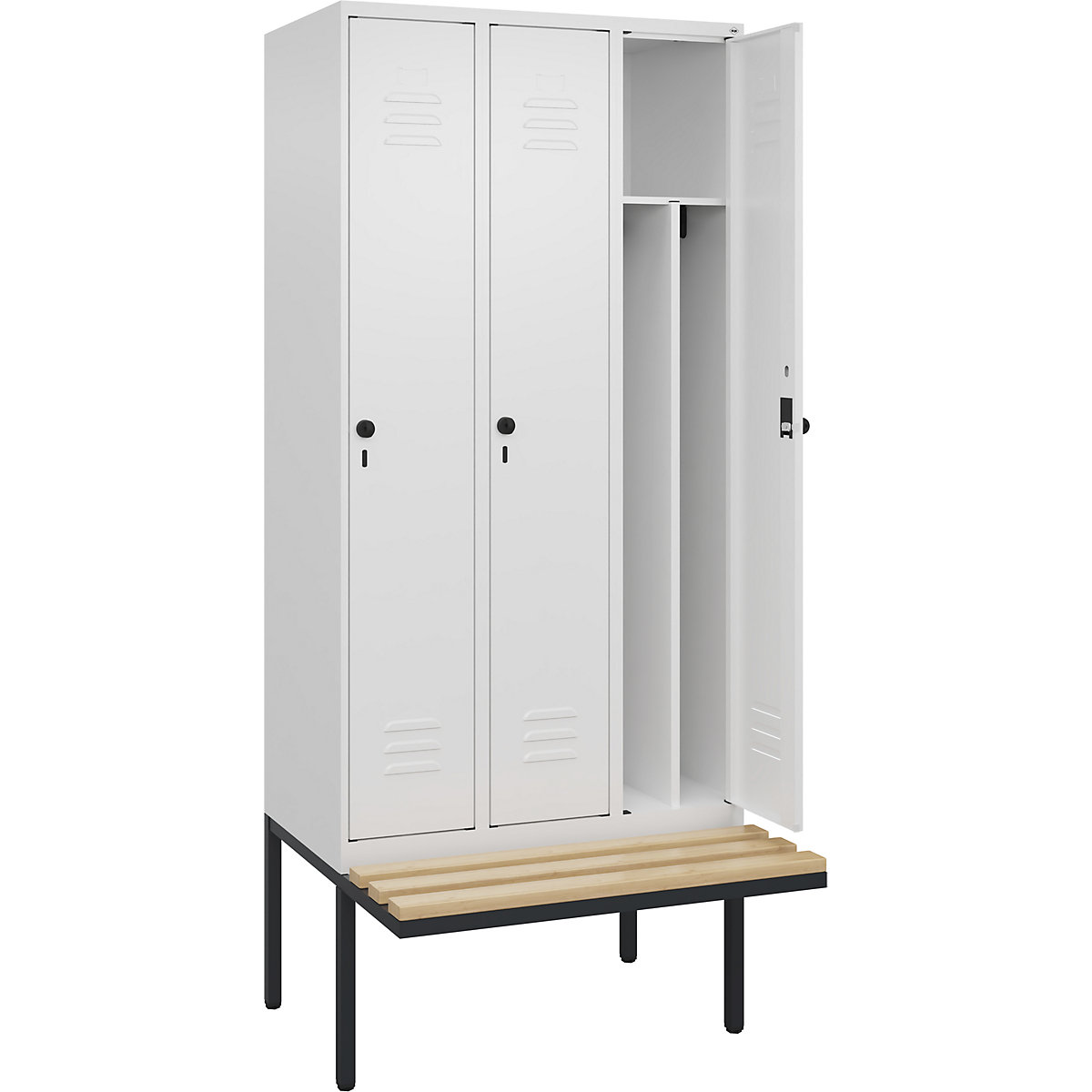 Schwarz-Weiß-Spind Classic PLUS Sitzbank, schmal C+P, 3 Abteile, Trennwand verkürzt, verkehrsweiß, B 900 mm, Sicherheits-Drehriegel, auskragend, Buche-Hartholz-12