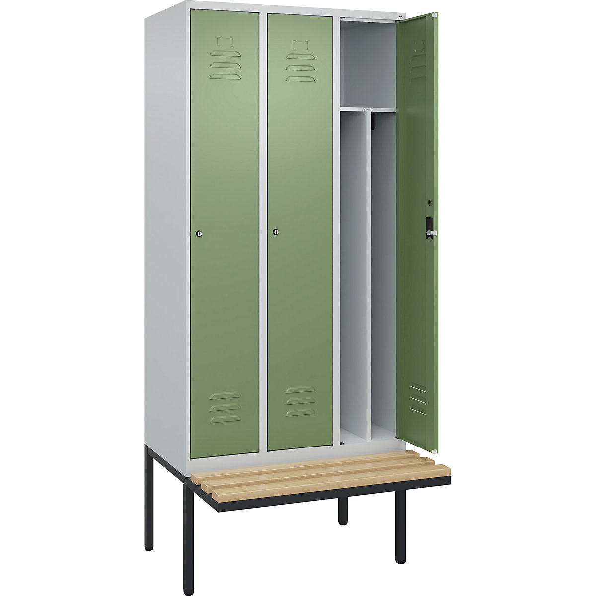Schwarz-Weiß-Spind Classic PLUS Sitzbank, schmal C+P, 3 Abteile, Trennwand verkürzt, lichtgrau / resedagrün, B 900 mm, Zylinderschloss, auskragend, Buche-Hartholz-23