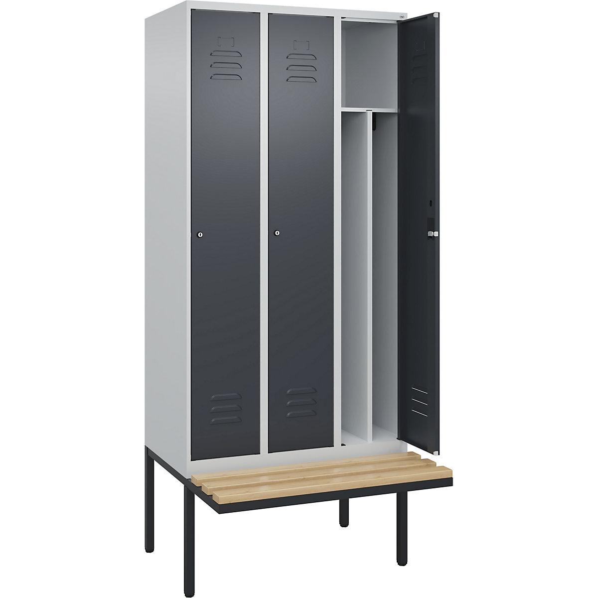 Schwarz-Weiß-Spind Classic PLUS Sitzbank, schmal C+P, 3 Abteile, Trennwand verkürzt, lichtgrau / grau, B 900 mm, Zylinderschloss, auskragend, Buche-Hartholz-239