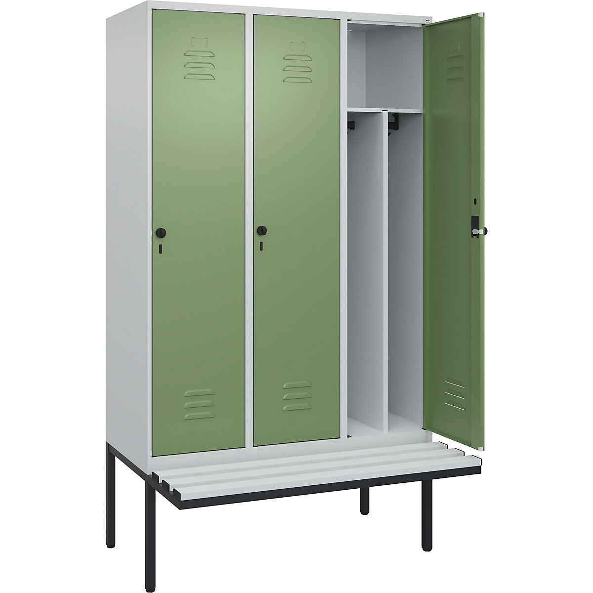 Schwarz-Weiß-Spind Classic PLUS Sitzbank, schmal C+P, 3 Abteile, Trennwand verkürzt, lichtgrau / resedagrün, B 1200 mm, Sicherheits-Drehriegel, auskragend, Kunststoff-122