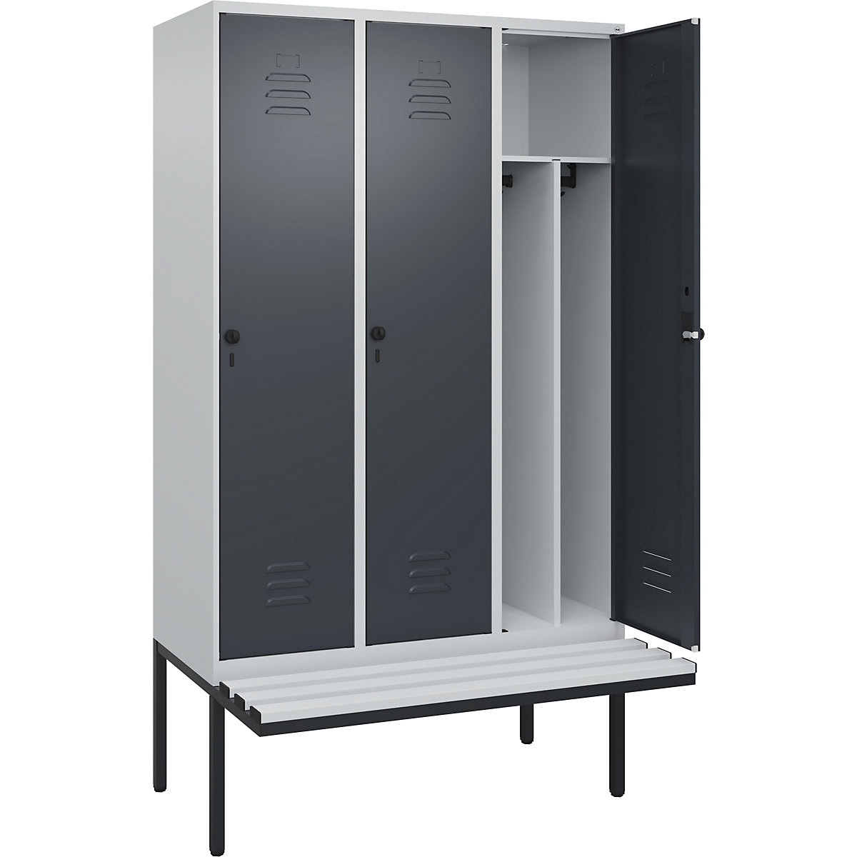 Schwarz-Weiß-Spind Classic PLUS Sitzbank, schmal C+P, 3 Abteile, Trennwand verkürzt, lichtgrau / grau, B 1200 mm, Sicherheits-Drehriegel, auskragend, Kunststoff-296
