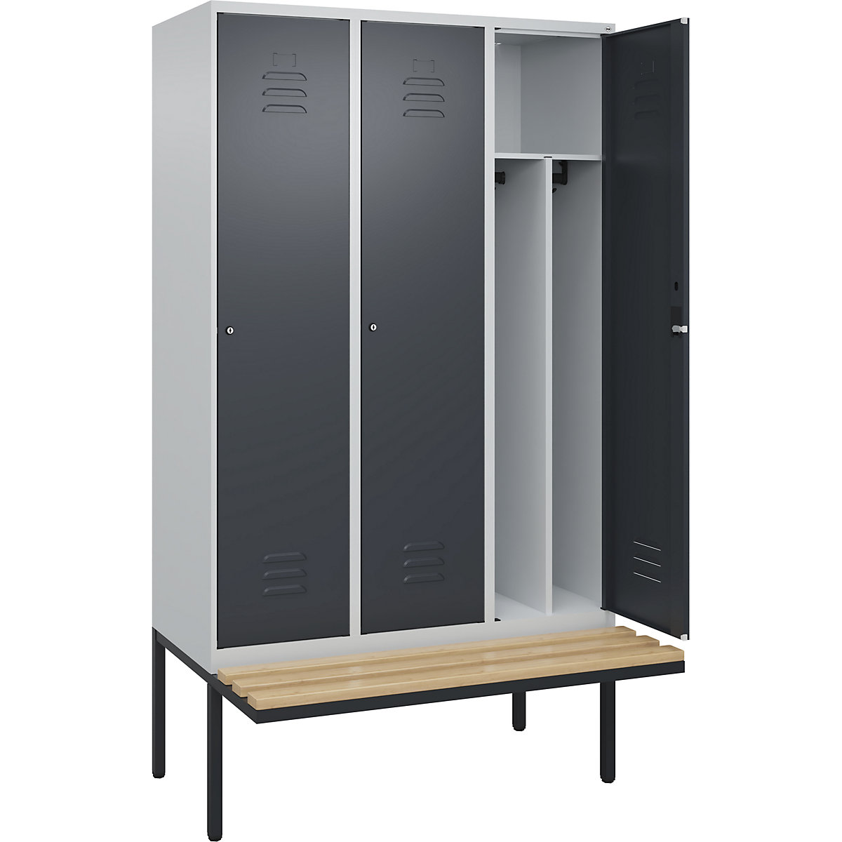 Schwarz-Weiß-Spind Classic PLUS Sitzbank, schmal C+P, 3 Abteile, Trennwand verkürzt, lichtgrau / grau, B 1200 mm, Zylinderschloss, auskragend, Buche-Hartholz-196