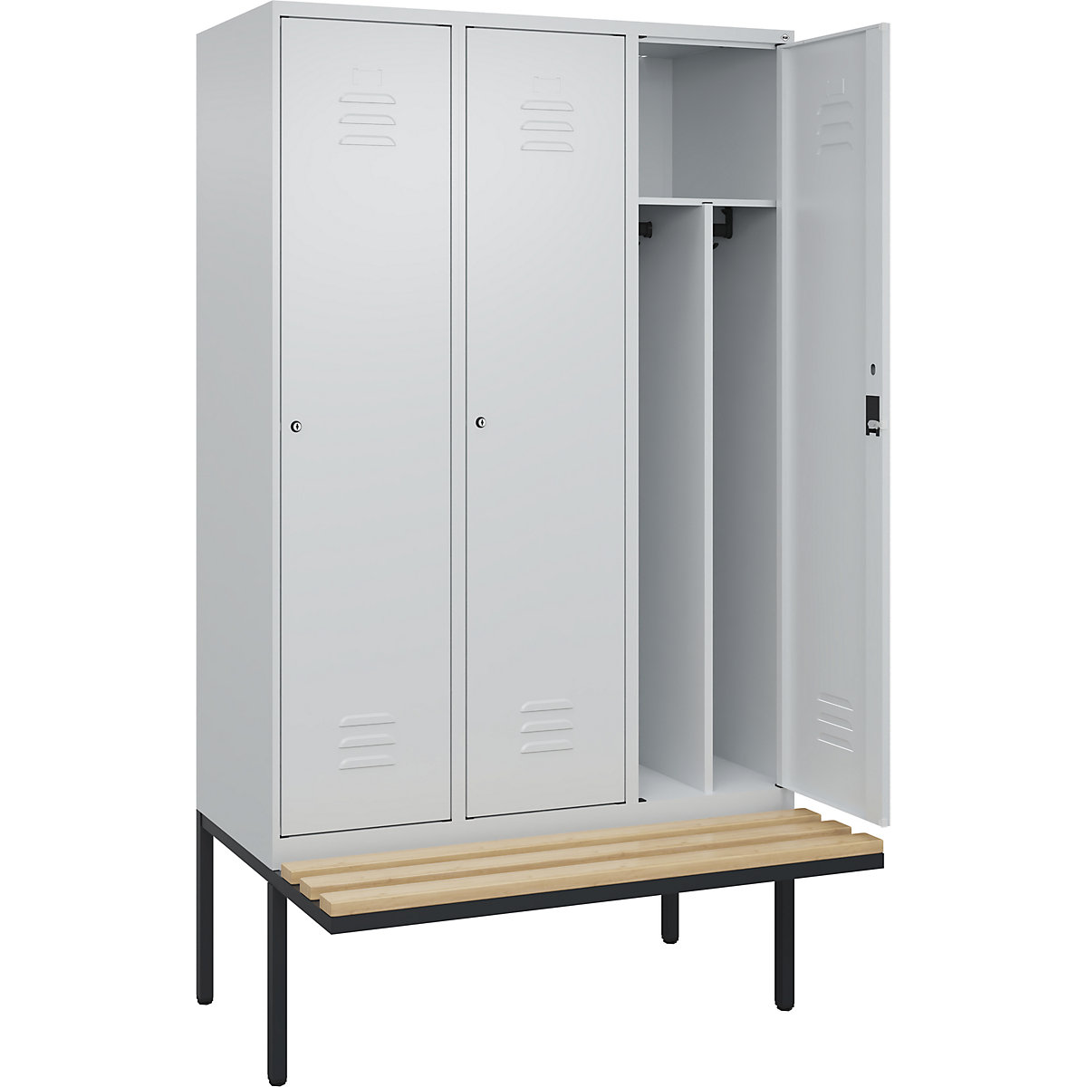 Schwarz-Weiß-Spind Classic PLUS Sitzbank, schmal C+P, 3 Abteile, Trennwand verkürzt, lichtgrau, B 1200 mm, Zylinderschloss, auskragend, Buche-Hartholz-248