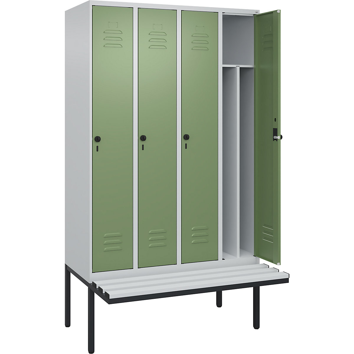 Schwarz-Weiß-Spind Classic PLUS Sitzbank, schmal C+P, 4 Abteile, Trennwand verkürzt, lichtgrau / resedagrün, B 1200 mm, Sicherheits-Drehriegel, auskragend, Kunststoff-130