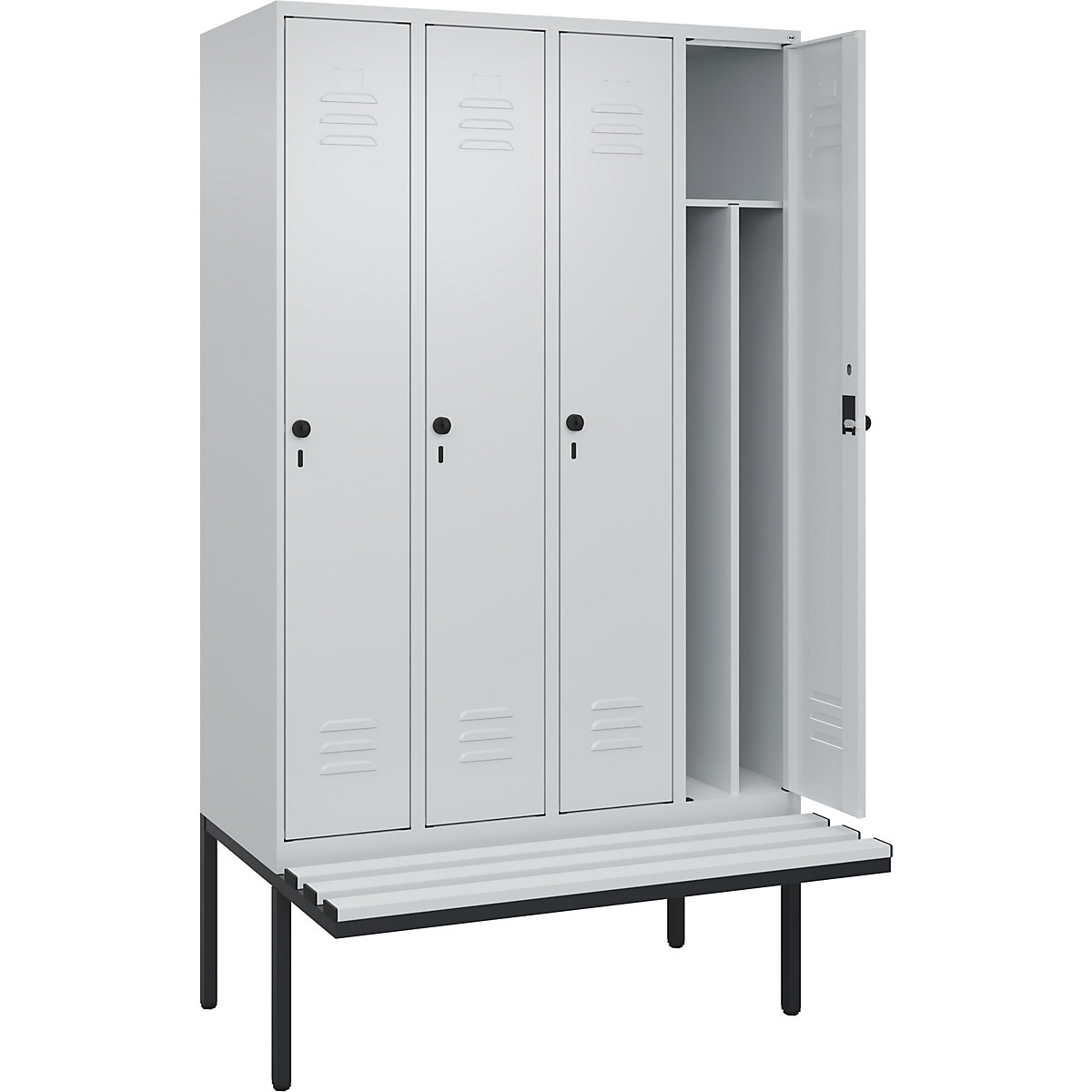 Schwarz-Weiß-Spind Classic PLUS Sitzbank, schmal C+P, 4 Abteile, Trennwand verkürzt, lichtgrau, B 1200 mm, Sicherheits-Drehriegel, auskragend, Kunststoff-264