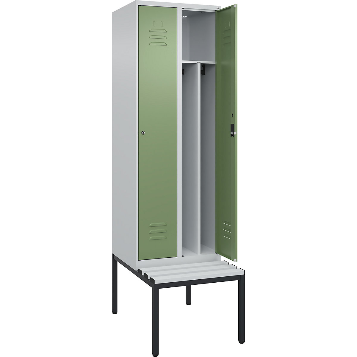 Schwarz-Weiß-Spind Classic PLUS Sitzbank, schmal C+P, 2 Abteile, Trennwand verkürzt, lichtgrau / resedagrün, B 600 mm, Zylinderschloss, untergebaut, Kunststoff-141