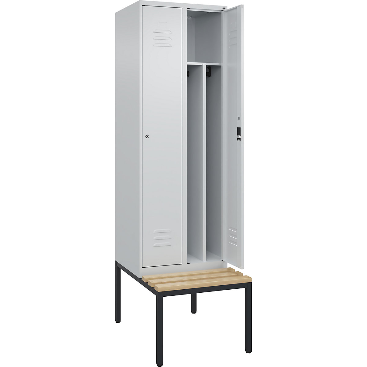 Schwarz-Weiß-Spind Classic PLUS Sitzbank, schmal C+P, 2 Abteile, Trennwand verkürzt, lichtgrau, B 600 mm, Zylinderschloss, untergebaut, Buche-Hartholz-205