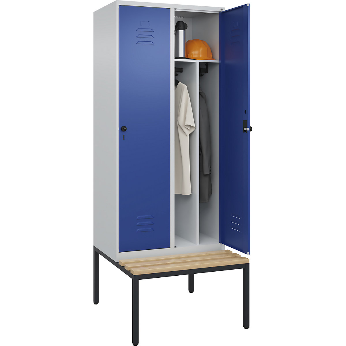 Schwarz-Weiß-Spind Classic PLUS Sitzbank, schmal C+P, 2 Abteile, Trennwand verkürzt, lichtgrau / enzianblau, B 800 mm, Sicherheits-Drehriegel, untergebaut, Buche-Hartholz-119