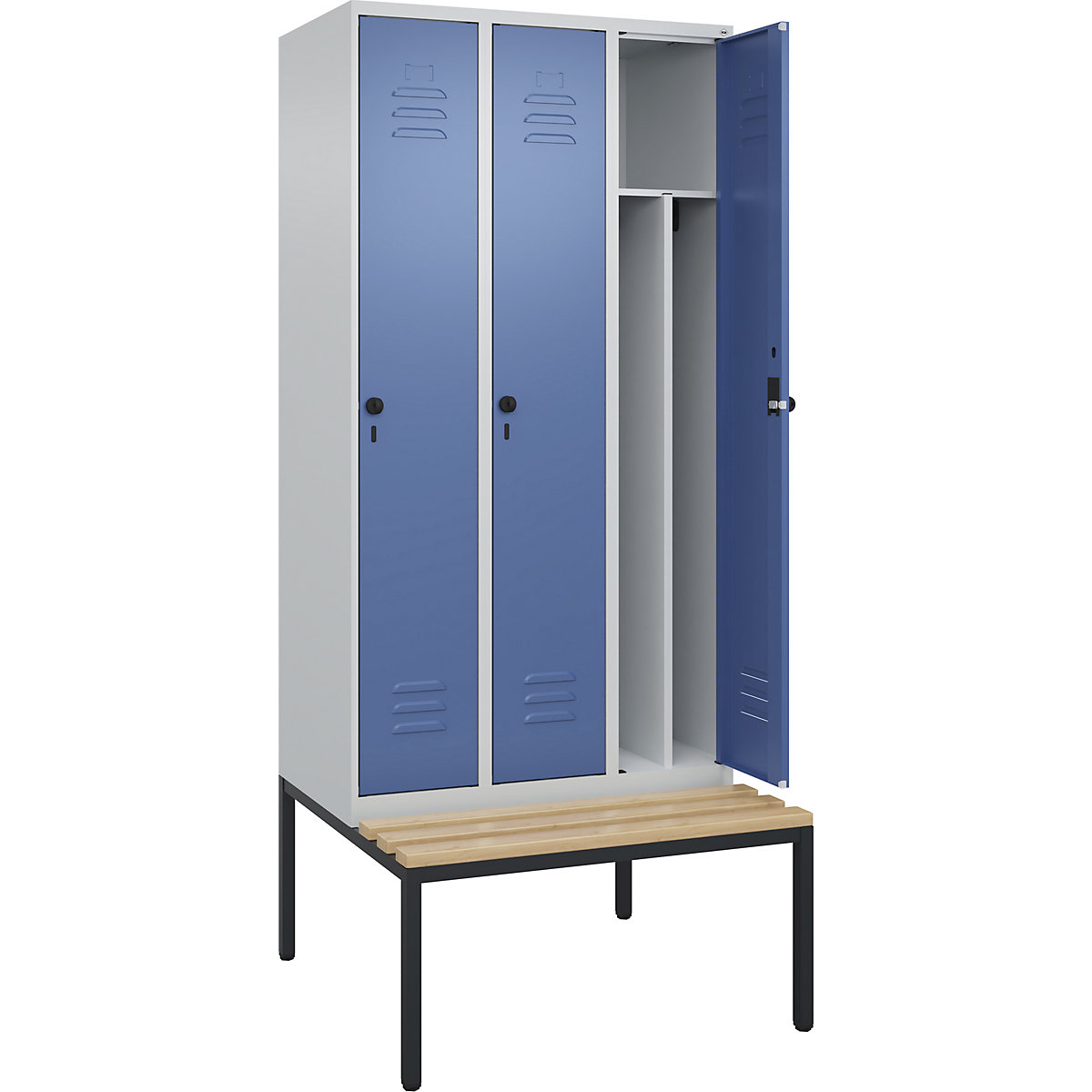 Schwarz-Weiß-Spind Classic PLUS Sitzbank, schmal C+P, 3 Abteile, Trennwand verkürzt, lichtgrau / fernblau, B 900 mm, Sicherheits-Drehriegel, untergebaut, Buche-Hartholz-90