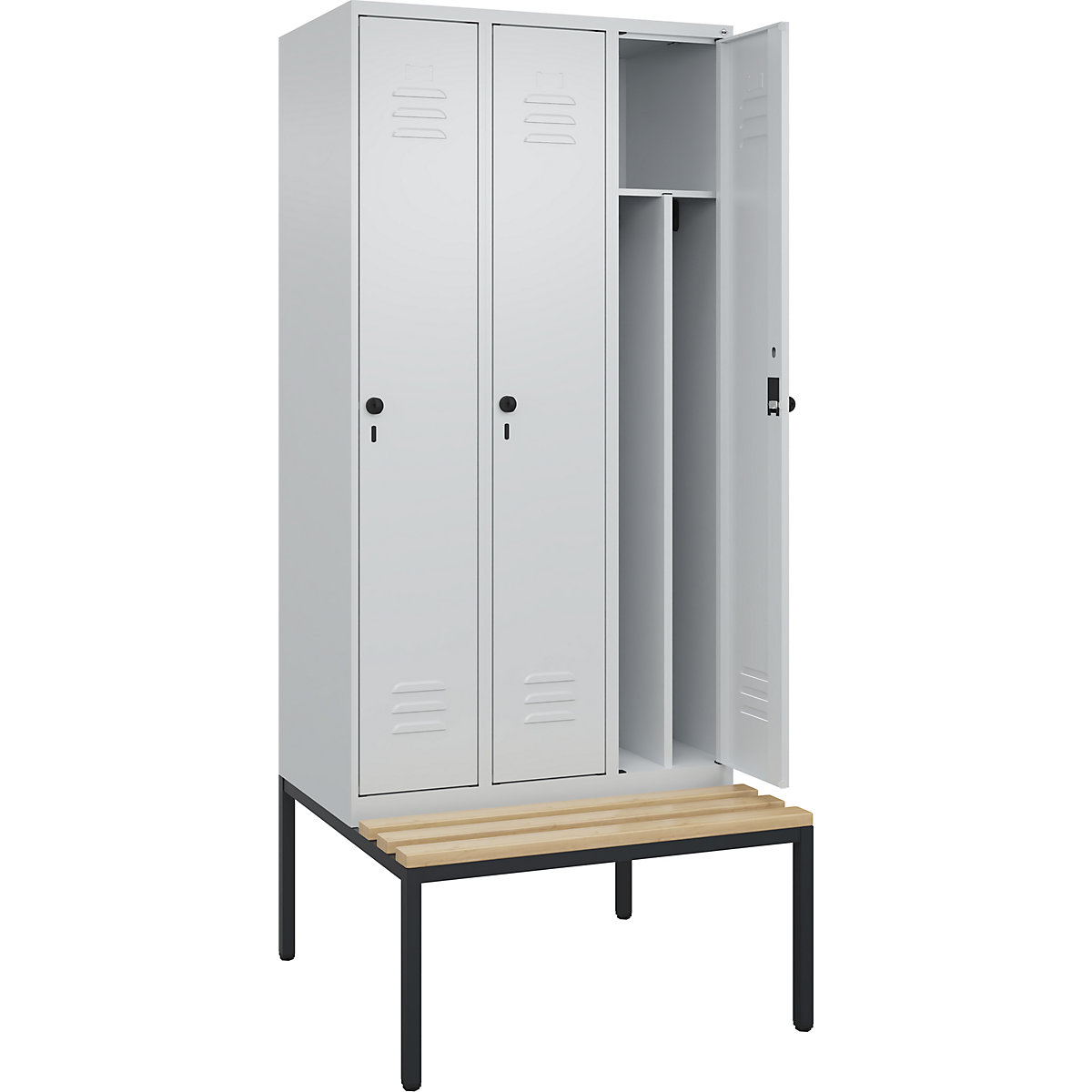 Schwarz-Weiß-Spind Classic PLUS Sitzbank, schmal C+P, 3 Abteile, Trennwand verkürzt, lichtgrau, B 900 mm, Sicherheits-Drehriegel, untergebaut, Buche-Hartholz-32