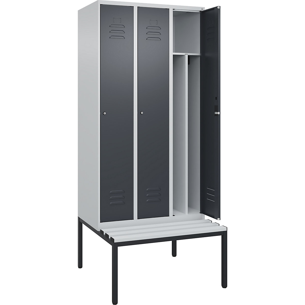 Schwarz-Weiß-Spind Classic PLUS Sitzbank, schmal C+P, 3 Abteile, Trennwand verkürzt, lichtgrau / grau, B 900 mm, Zylinderschloss, untergebaut, Kunststoff-231