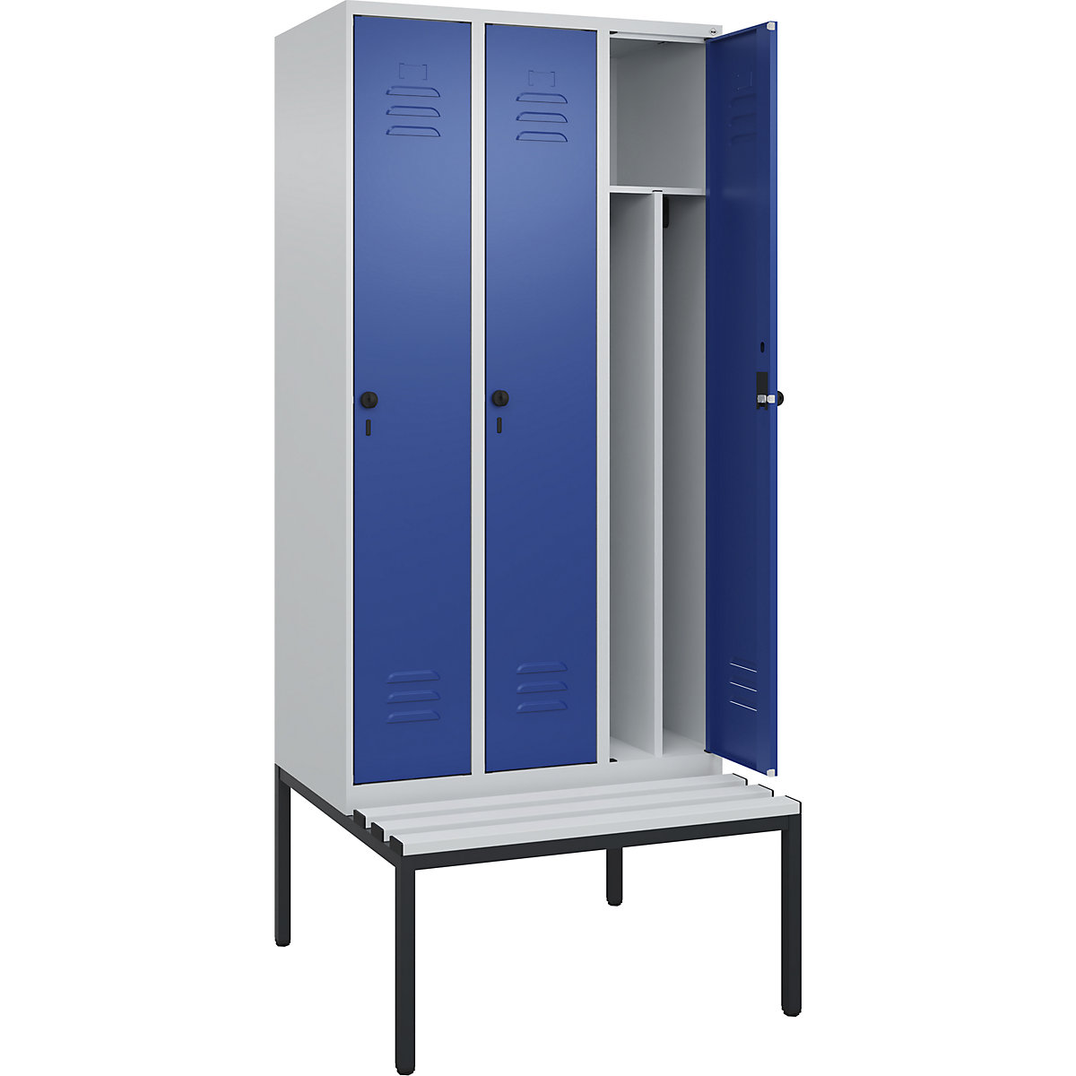 Schwarz-Weiß-Spind Classic PLUS Sitzbank, schmal C+P, 3 Abteile, Trennwand verkürzt, lichtgrau / enzianblau, B 900 mm, Sicherheits-Drehriegel, untergebaut, Kunststoff-232