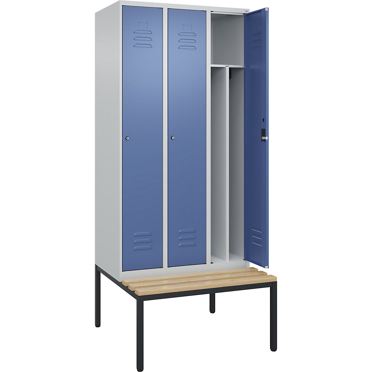 Schwarz-Weiß-Spind Classic PLUS Sitzbank, schmal C+P, 3 Abteile, Trennwand verkürzt, lichtgrau / fernblau, B 900 mm, Zylinderschloss, untergebaut, Buche-Hartholz-117