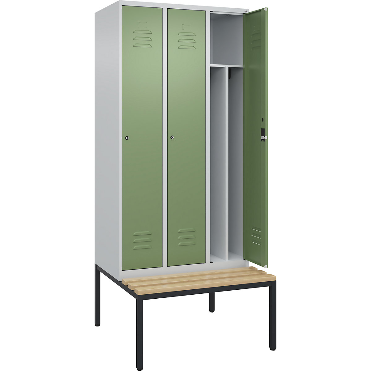Schwarz-Weiß-Spind Classic PLUS Sitzbank, schmal C+P, 3 Abteile, Trennwand verkürzt, lichtgrau / resedagrün, B 900 mm, Zylinderschloss, untergebaut, Buche-Hartholz-184