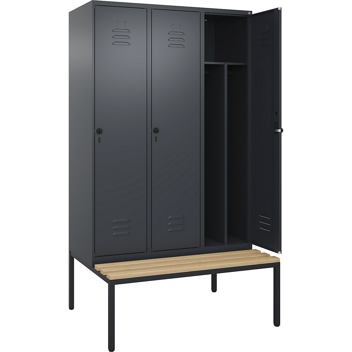 Schwarz-Weiß-Spind Classic PLUS Sitzbank, schmal C+P, 3 Abteile, Trennwand verkürzt, grau, B 1200 mm, Sicherheits-Drehriegel, untergebaut, Buche-Hartholz-10