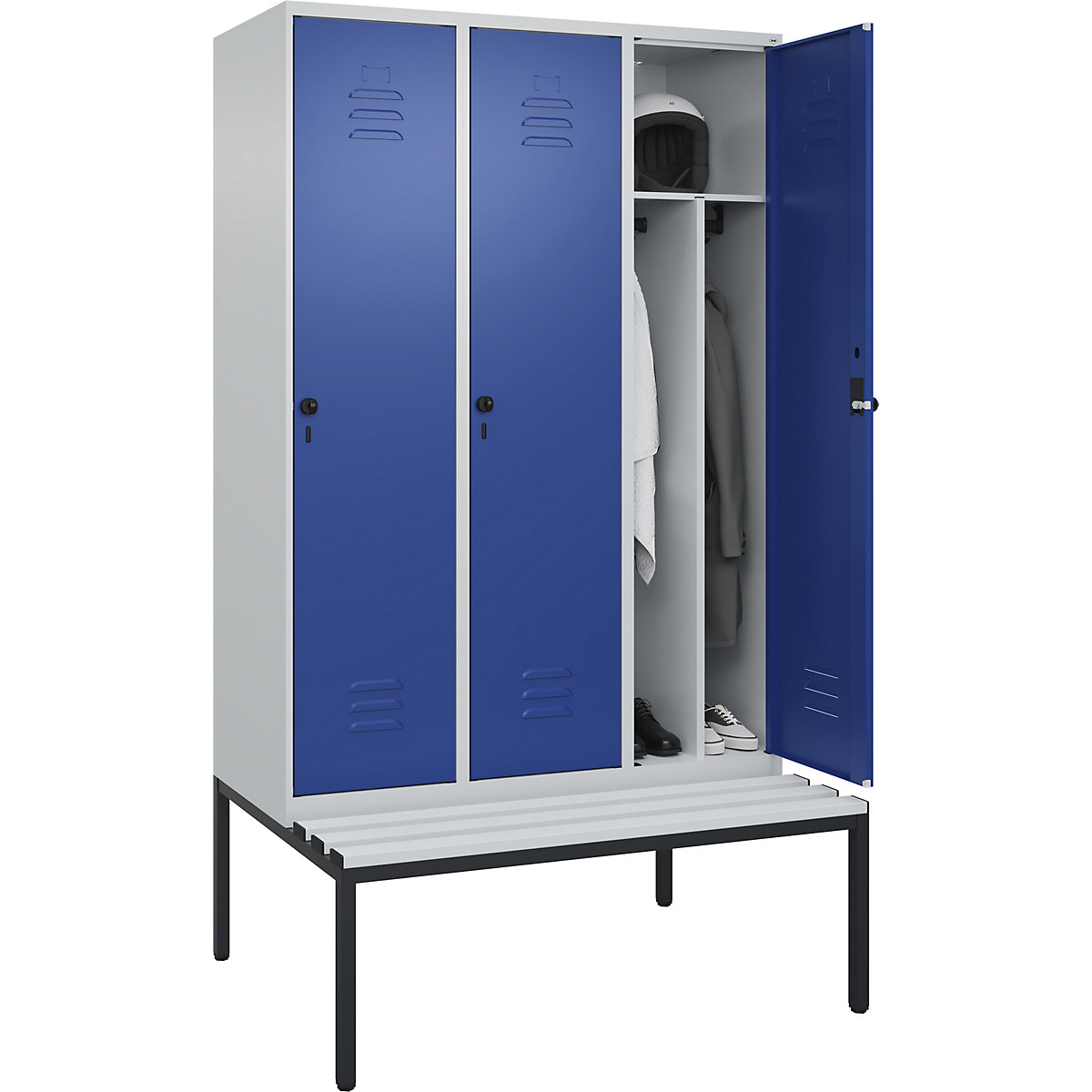Schwarz-Weiß-Spind Classic PLUS Sitzbank, schmal C+P, 3 Abteile, Trennwand verkürzt, lichtgrau / enzianblau, B 1200 mm, Sicherheits-Drehriegel, untergebaut, Kunststoff-36