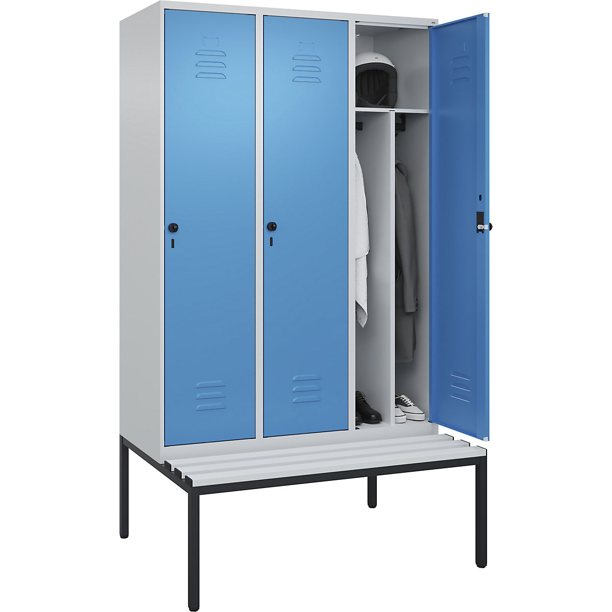 Schwarz-Weiß-Spind Classic PLUS Sitzbank, schmal C+P