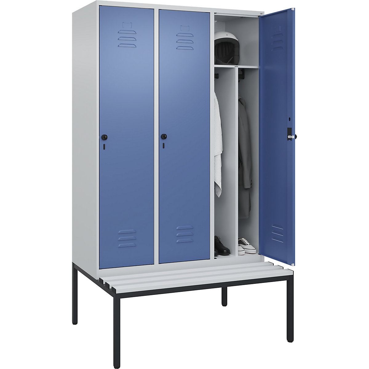 Schwarz-Weiß-Spind Classic PLUS Sitzbank, schmal C+P, 3 Abteile, Trennwand verkürzt, lichtgrau / fernblau, B 1200 mm, Sicherheits-Drehriegel, untergebaut, Kunststoff-169