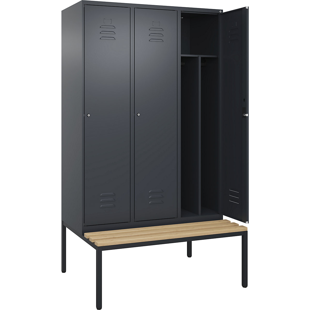 Schwarz-Weiß-Spind Classic PLUS Sitzbank, schmal C+P, 3 Abteile, Trennwand verkürzt, grau, B 1200 mm, Zylinderschloss, untergebaut, Buche-Hartholz-291