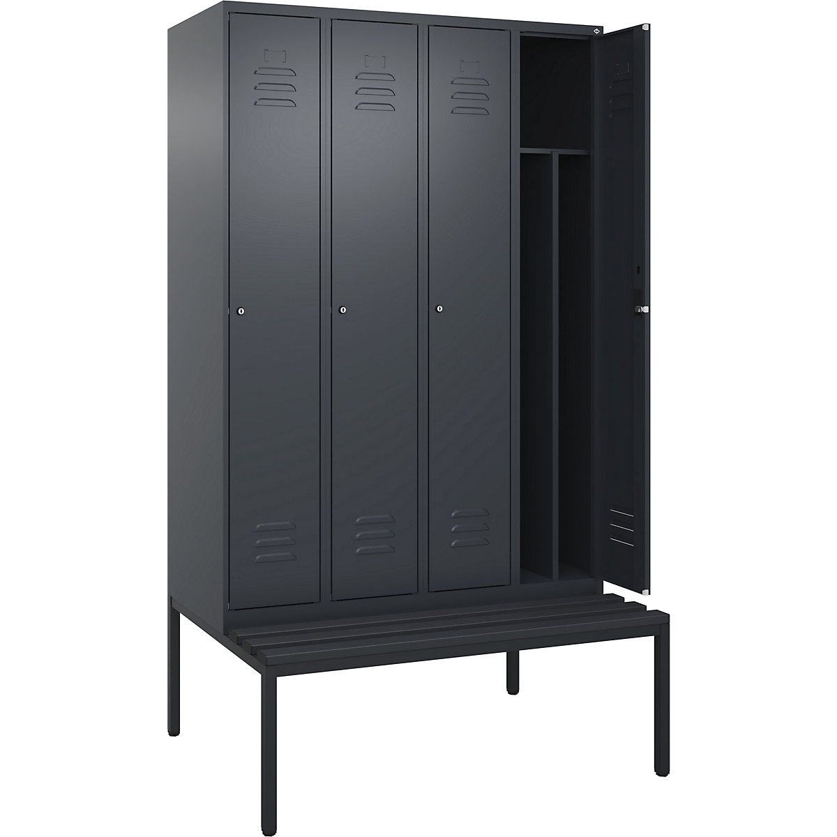 Schwarz-Weiß-Spind Classic PLUS Sitzbank, schmal C+P, 4 Abteile, Trennwand verkürzt, grau, B 1200 mm, Zylinderschloss, untergebaut, Kunststoff-279
