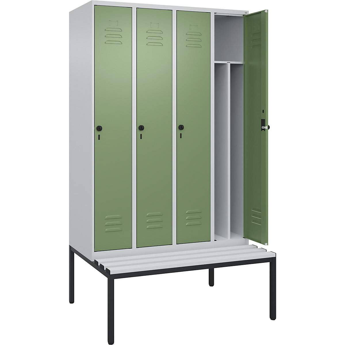 Schwarz-Weiß-Spind Classic PLUS Sitzbank, schmal C+P, 4 Abteile, Trennwand verkürzt, lichtgrau / resedagrün, B 1200 mm, Sicherheits-Drehriegel, untergebaut, Kunststoff-62