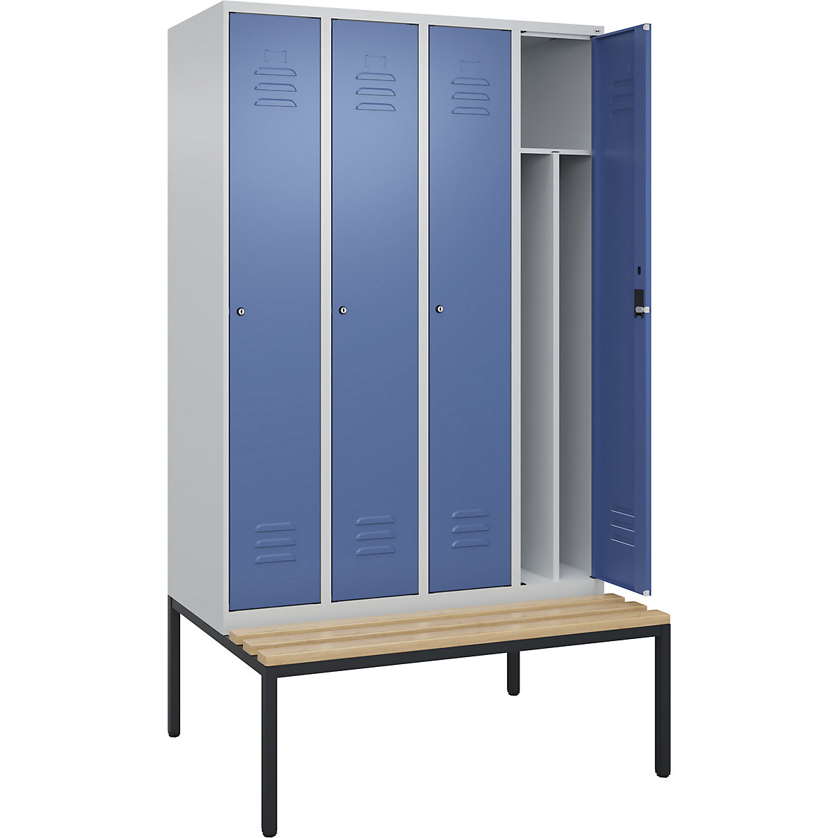 Schwarz-Weiß-Spind Classic PLUS Sitzbank, schmal C+P, 4 Abteile, Trennwand verkürzt, lichtgrau / fernblau, B 1200 mm, Zylinderschloss, untergebaut, Buche-Hartholz-83