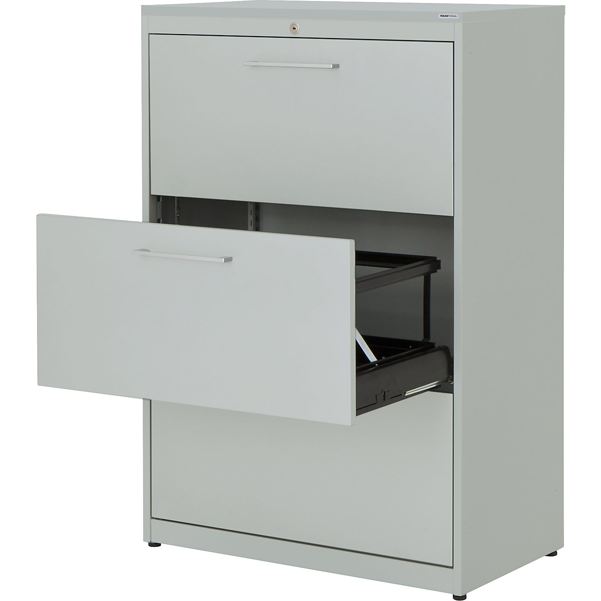 Szafka na kartotekę wiszącą – mauser, płyta z tworzywa, 3 szuflady, dwurzędowe, z hamulcem, jasnoszary / jasnoszary / jasnoszary-1