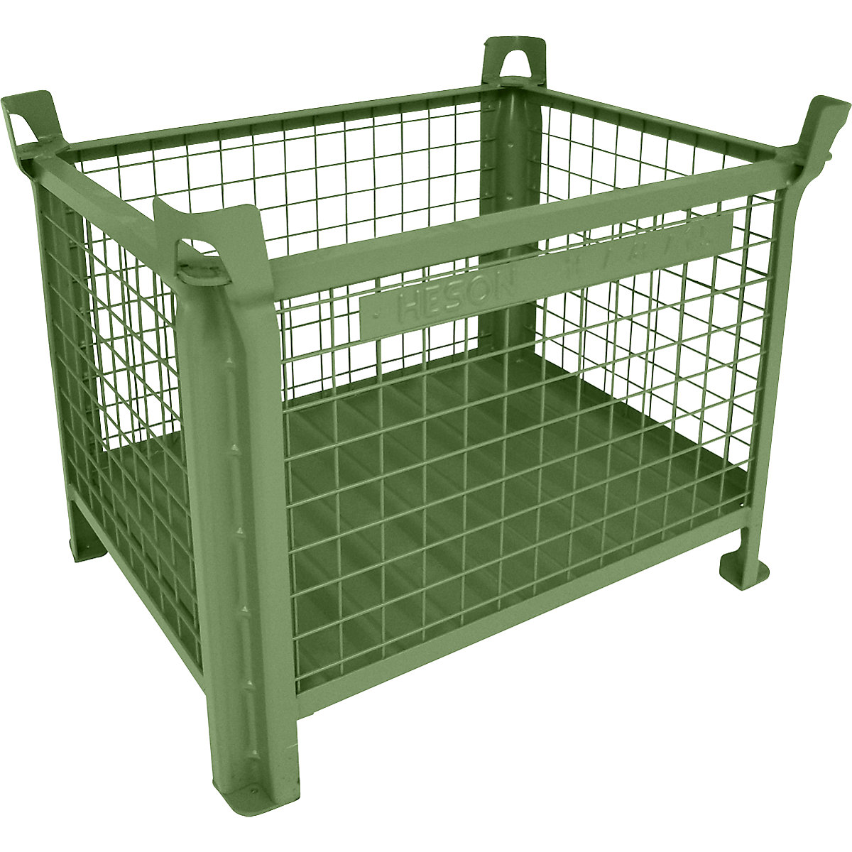 Recipiente de empilhar com fundo em chapa de aço – Heson, CxL 800 x 600 mm, pintado a verde-0