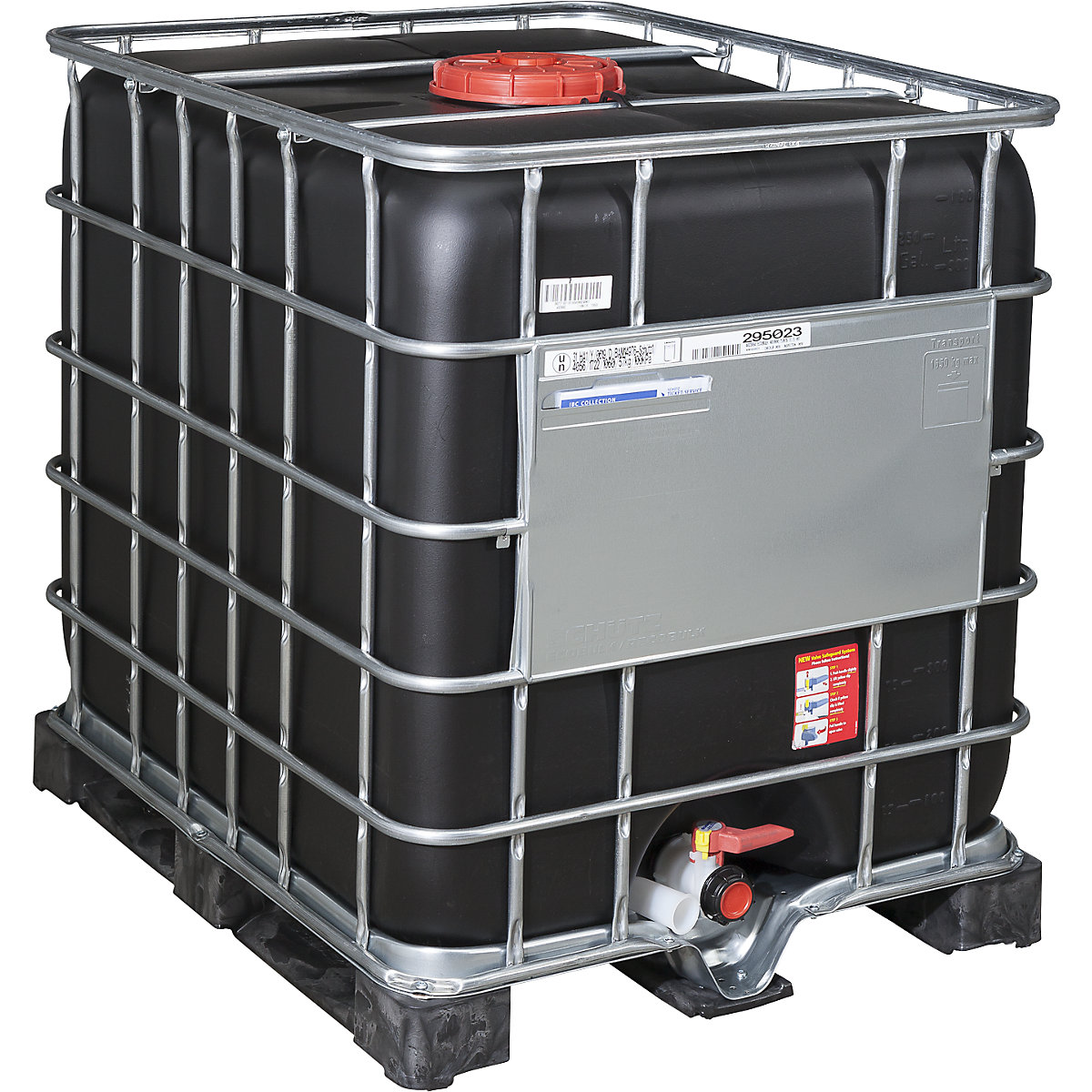 Contenedor IBC RECOBULK con protección frente a rayos UV, homologación UN, capacidad 1000 l, sobre palet de PE, ancho nominal abertura de llenado 225 mm / salida 50 mm-0