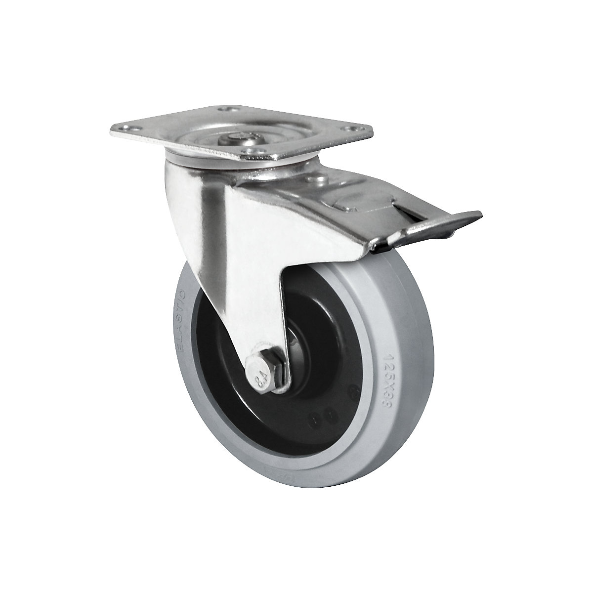 Elastic tyre on nylon rim, wheel Ø x width 160 x 46 mm, swivel castor with double stop
