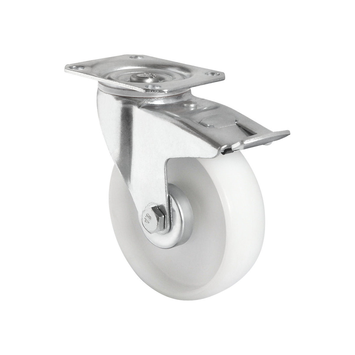 EUROKRAFTbasic – Nylon tyres, white, wheel Ø x width 200 x 50 mm, mounting plate, 2+ items, swivel castor with double stop