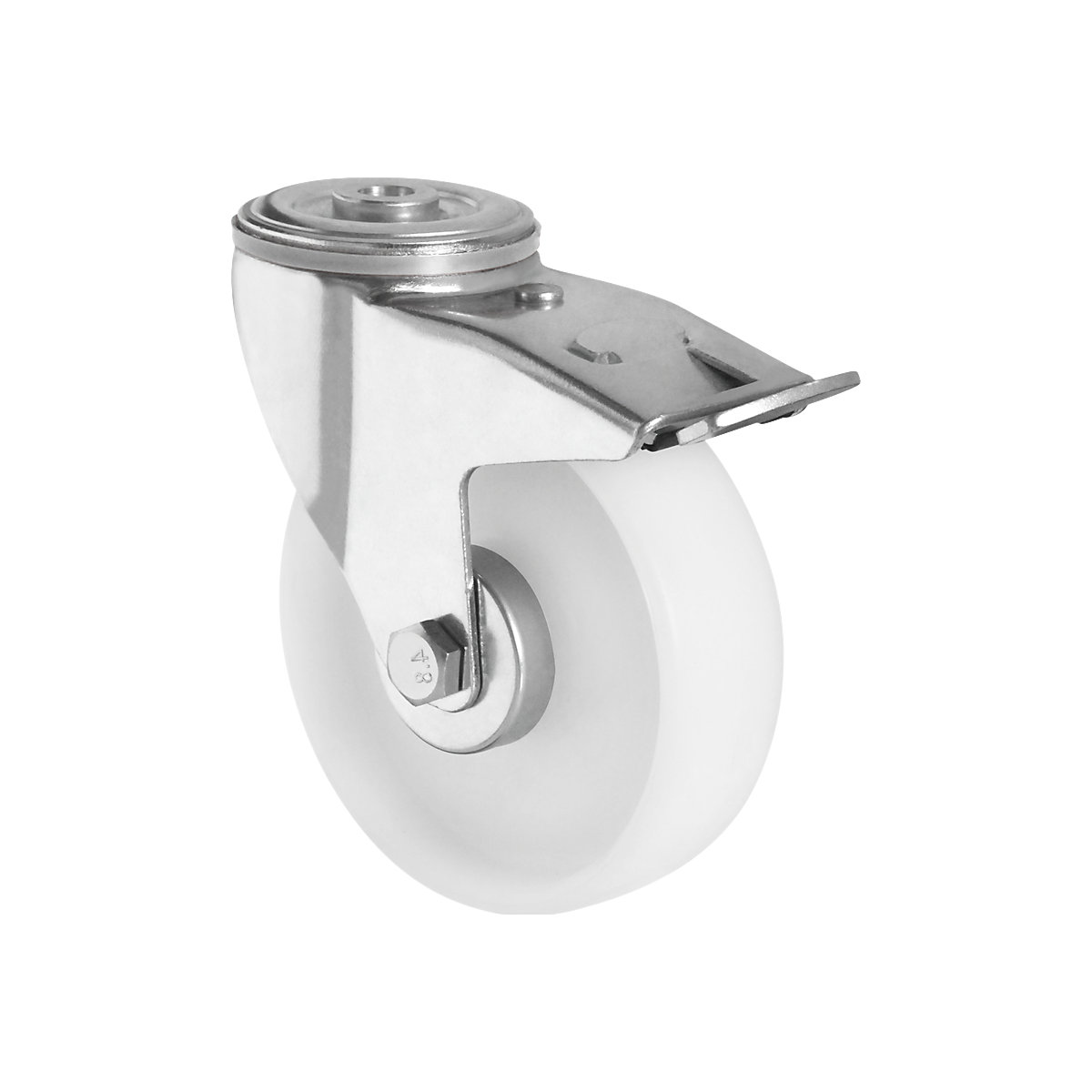 EUROKRAFTbasic – Nylon tyres, white, wheel Ø x width 200 x 50 mm, bolt hole, 2 items, swivel castor with double stop