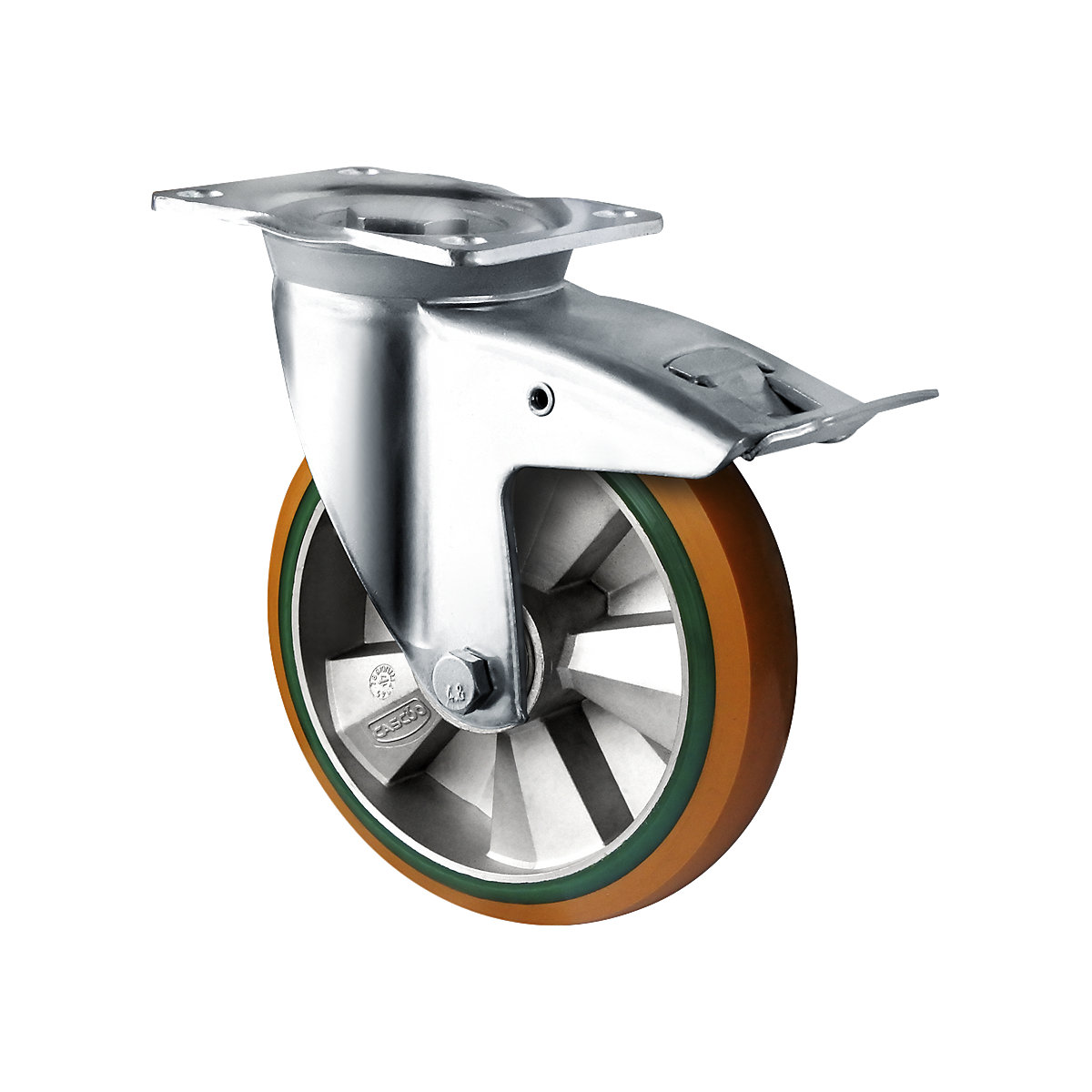 PU/PU elastic tyre, brown / green, wheel Ø x width 125 x 50 mm, 2+ items, swivel castor with double stop