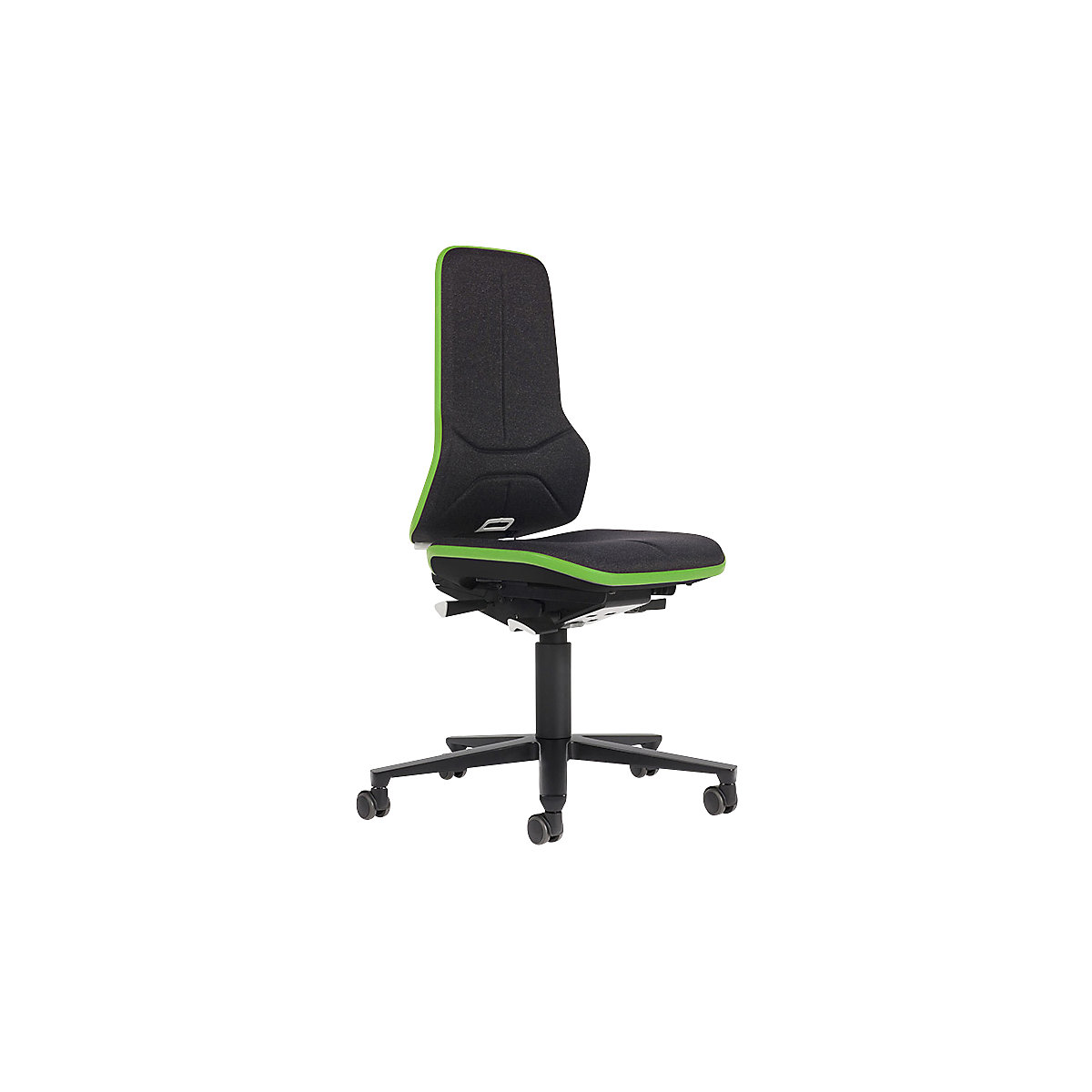 bimos – Siège d'atelier NEON avec roulettes, assise en tissu antistatique, bande flexible verte
