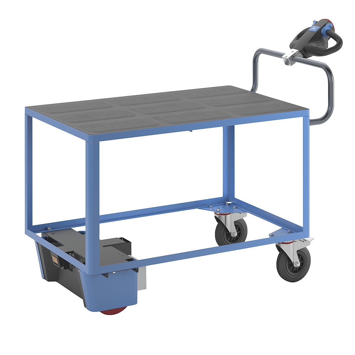 Chariot de montage à entraînement électrique – eurokraft pro, 1 tablette en plastique, L x l x h 1670 x 800 x 1300 mm, bleu-3