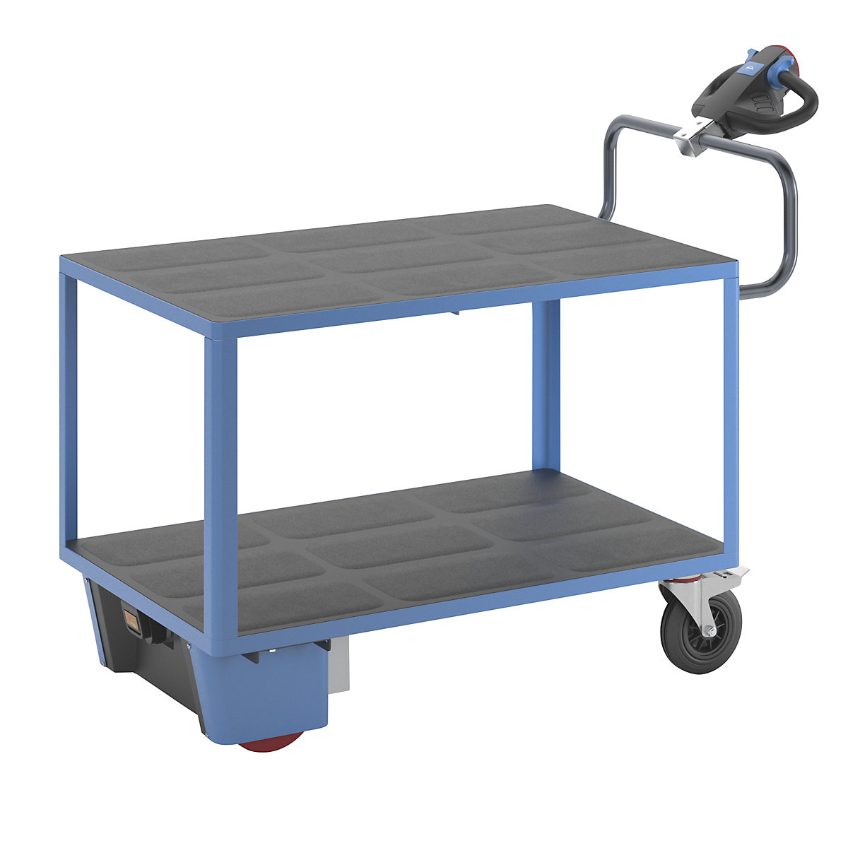 Chariot de montage à entraînement électrique – eurokraft pro, 2 tablettes en plastique, L x l x h 1670 x 800 x 1300 mm, bleu-2