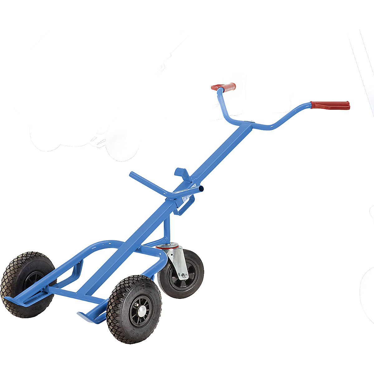 Chariot porte-fûts pour fûts en acier – eurokraft pro, charge max. 400 kg, avec roue stabilisatrice à bandage caoutchouc, roues avec pneumatiques-0