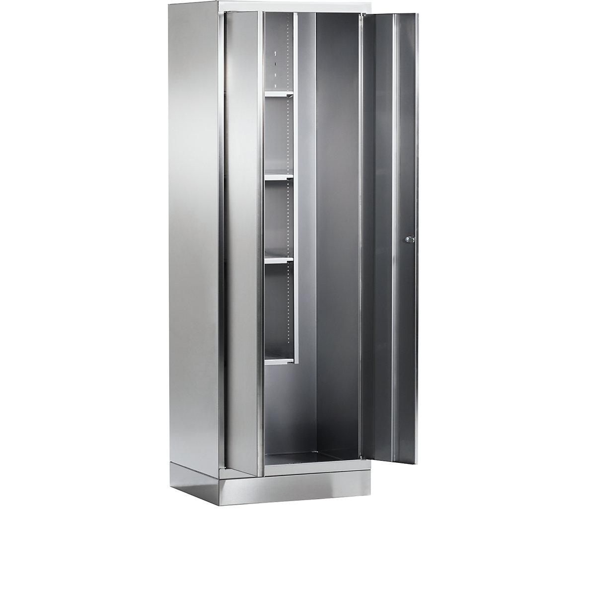Stainless steel locker for cleaning products, 4 compartments, 2 tool hooks, with plinth-0