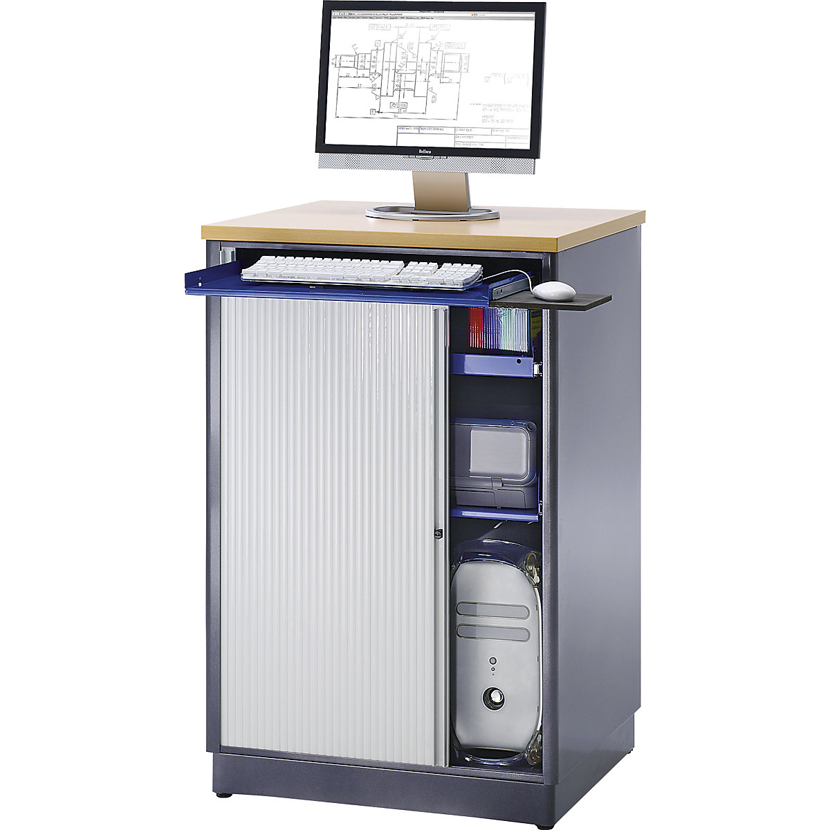 Computer workstation – RAU, HxWxD 1100 x 720 x 660 mm, metallic charcoal / gentian blue-0